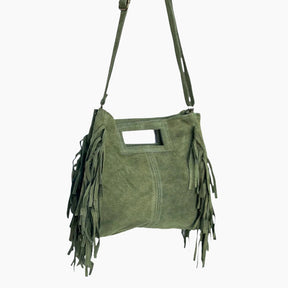 Green suede handbag with fringe details 