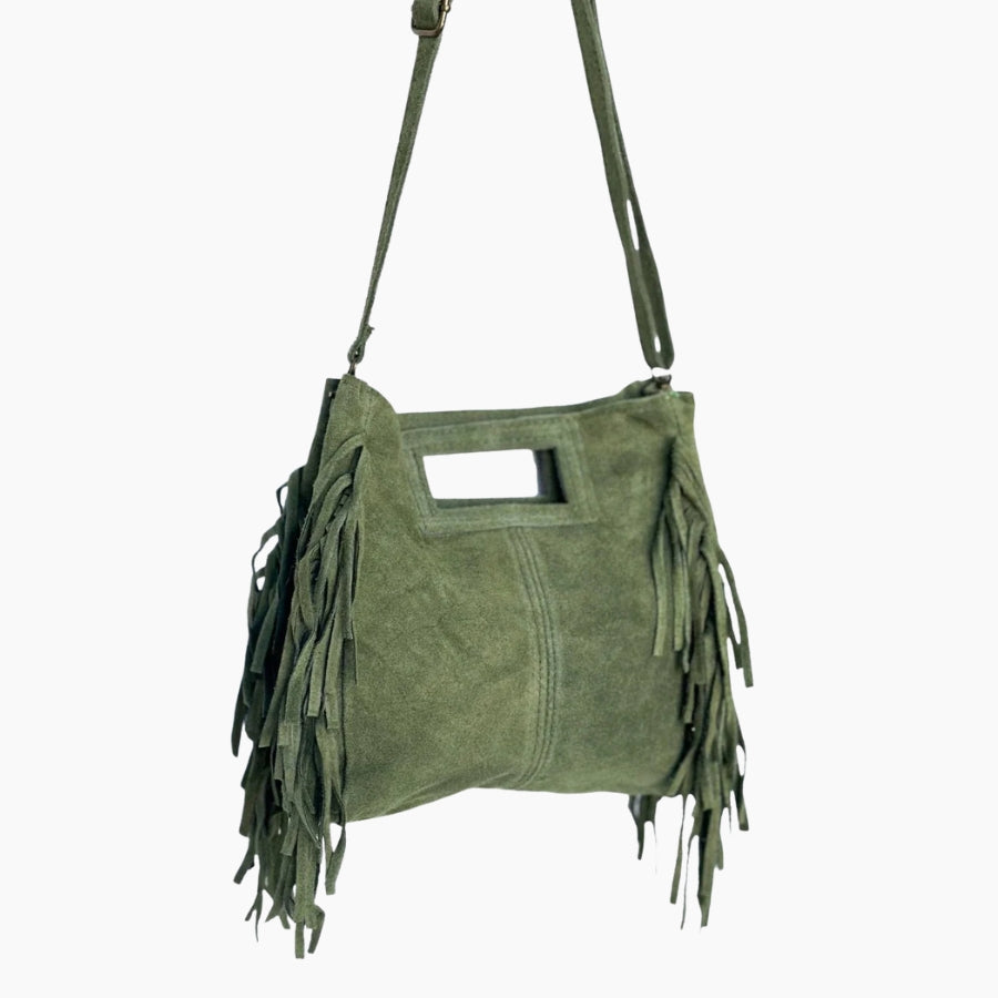 Green suede handbag with fringe details 