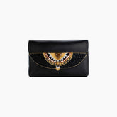Black clutch bag with decorative embellishments