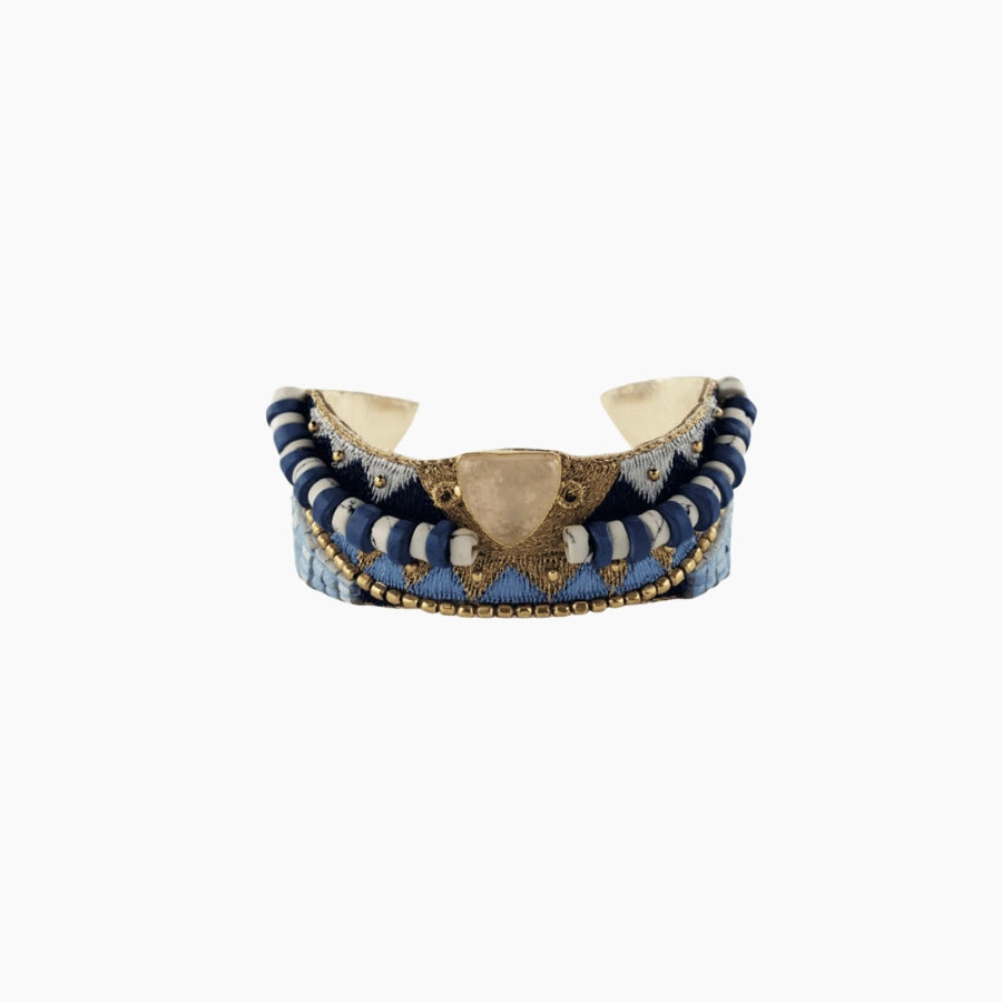 Decorative headband with blue and gold accents 