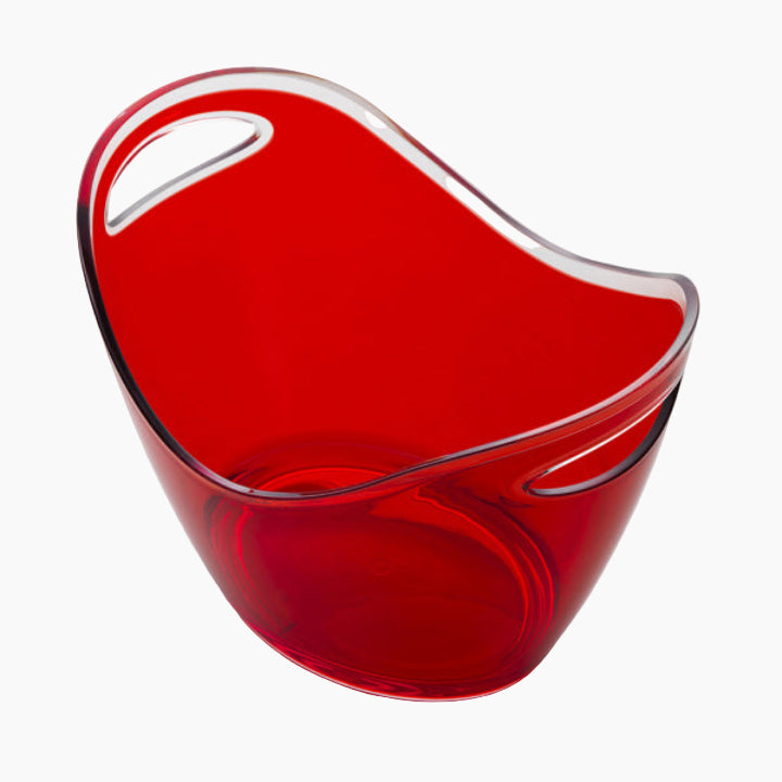 Red glass bowl with clear handle on a white background