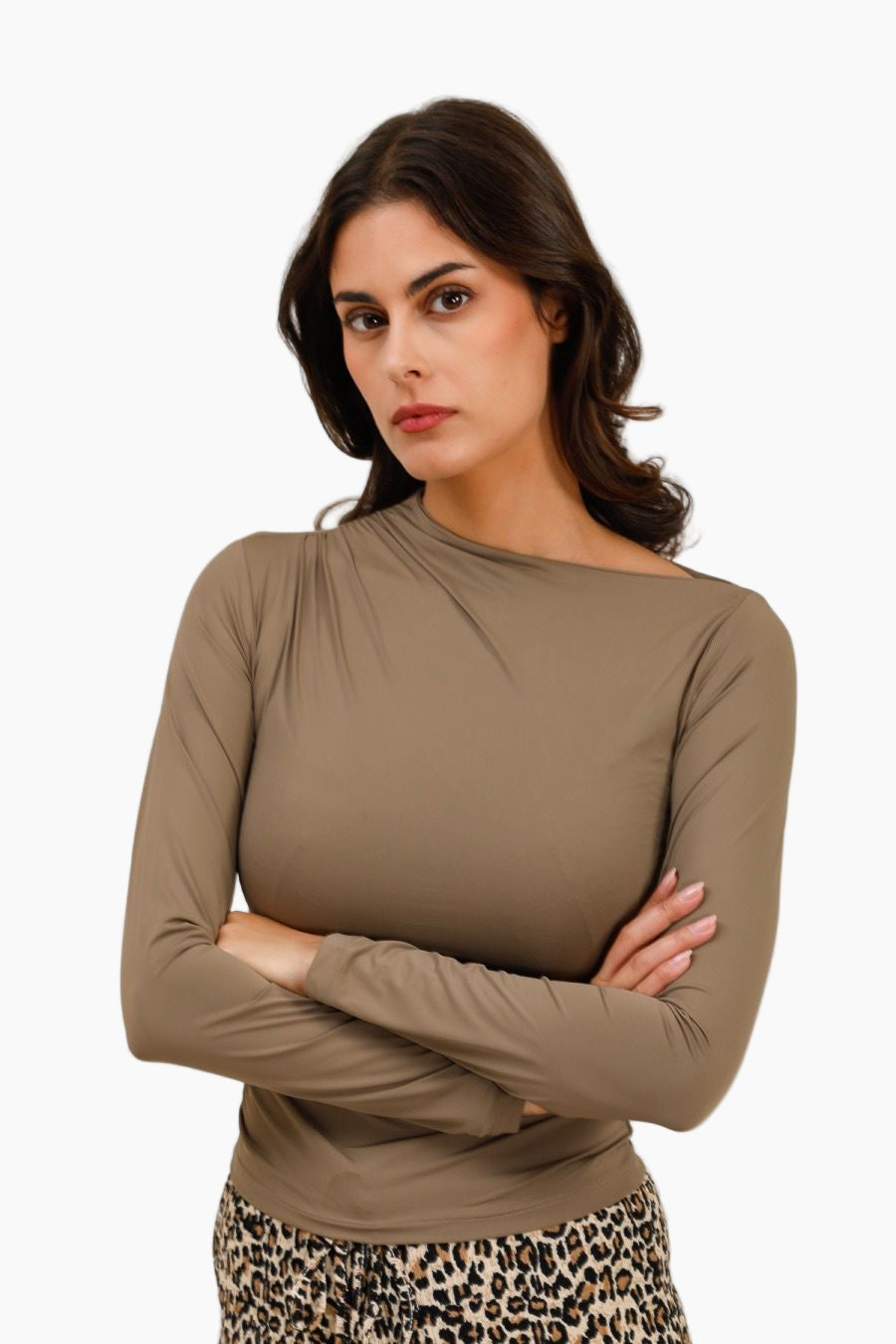 Woman wearing a brown long-sleeve top 