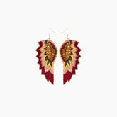 Pair of earrings with red and gold feather-like design 
