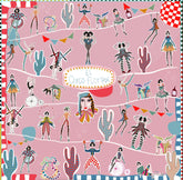 Illustrated pattern with characters and elements from 'El Circo Floripax' on a pink background