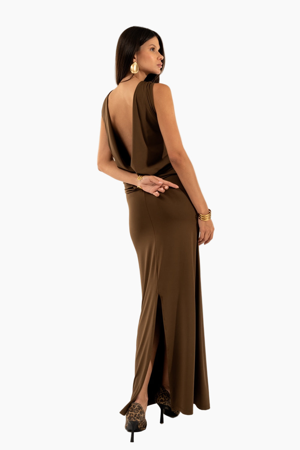 Woman wearing a brown evening gown 