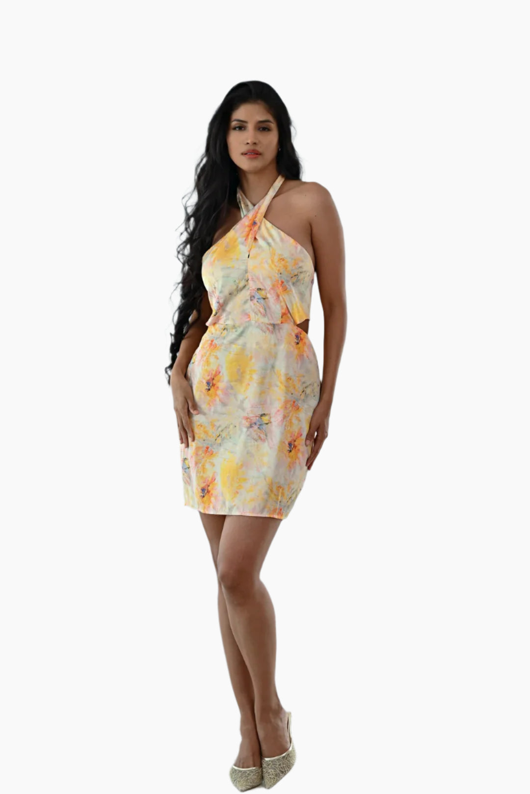 Woman wearing a floral dress , x neck , white , yellow 