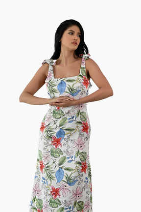 Woman wearing a long floral dress