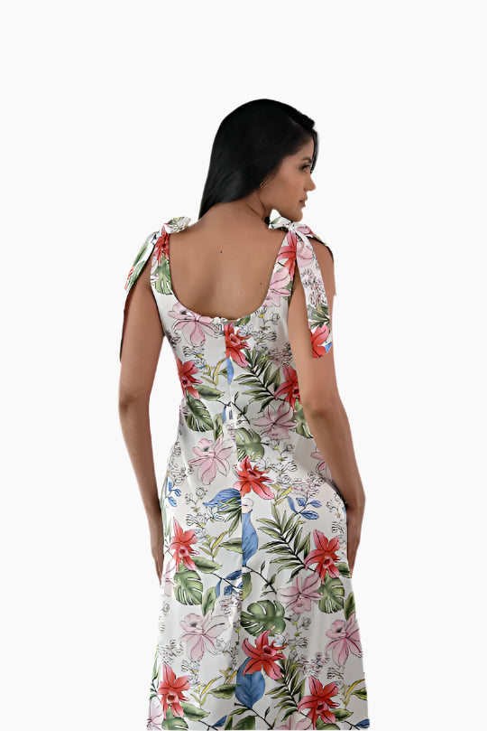 Woman wearing a long floral dress