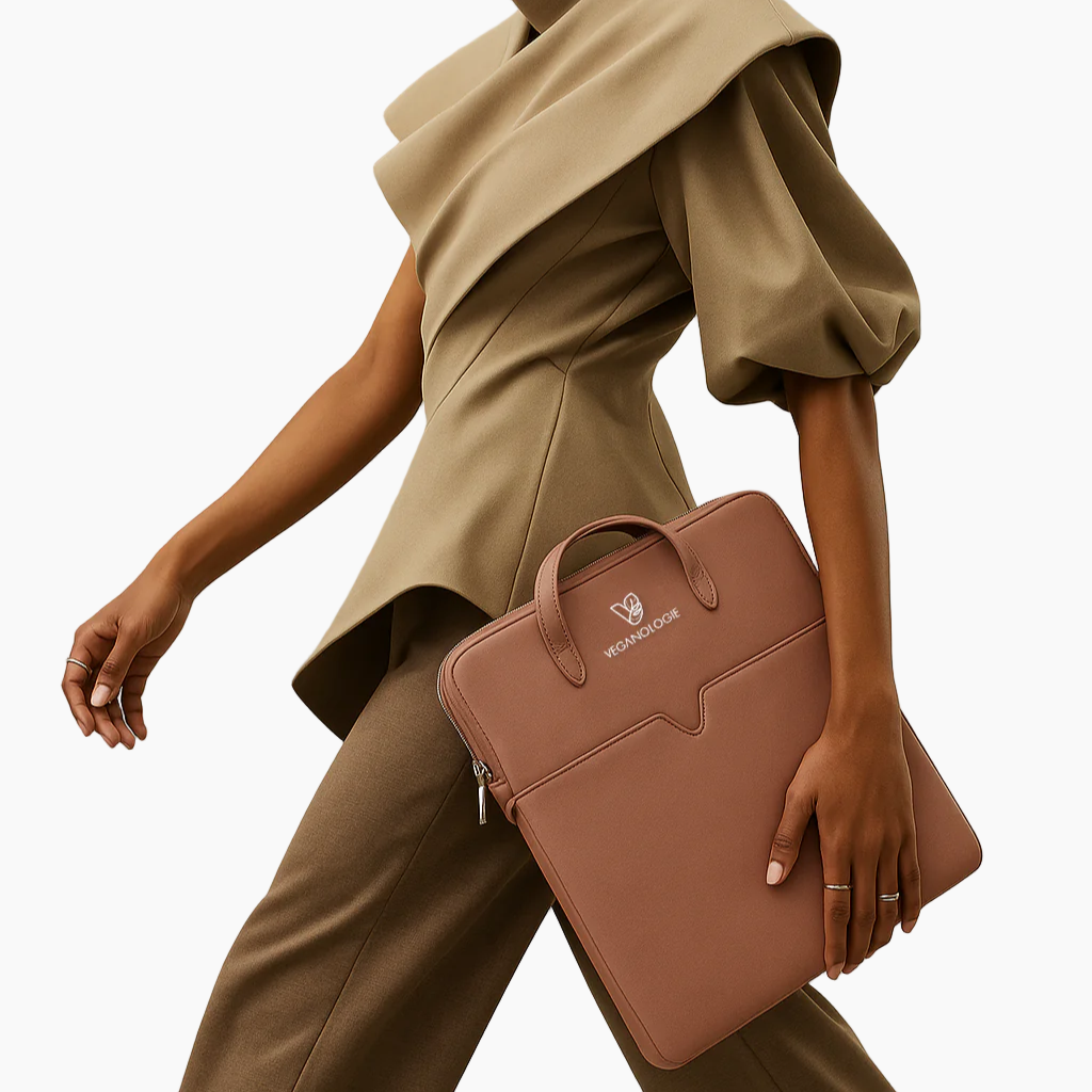 Person holding a pink handbag with a neutral background