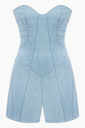 Light blue strapless romper on a white background