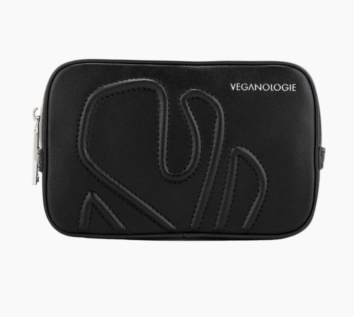 Black pouch with 'Veganologie' branding on a white background