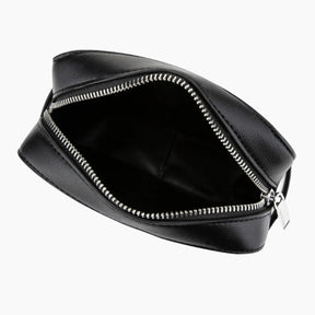 Black leather bag with a zipper on a white background