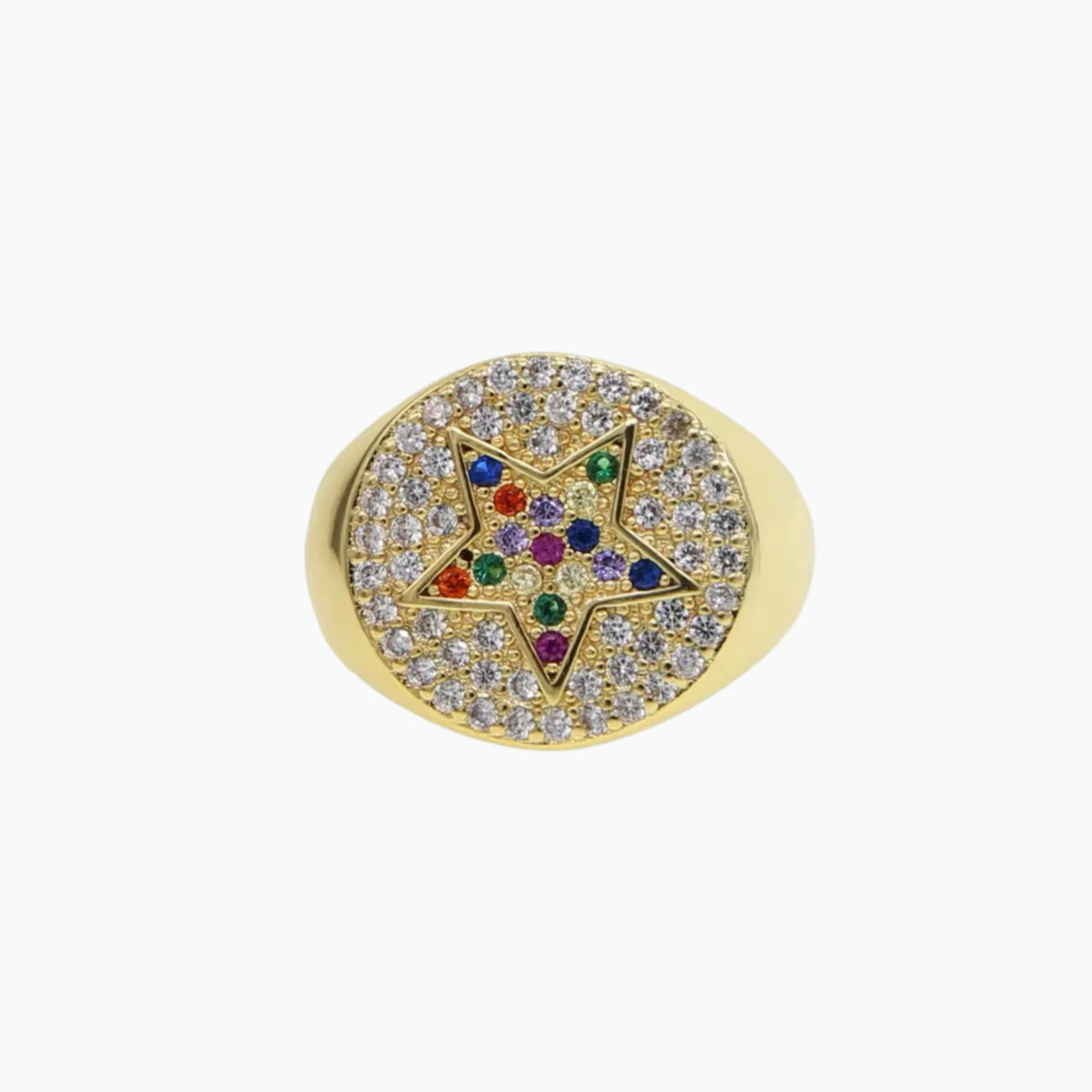 Gold ring with a colorful star design on a white background