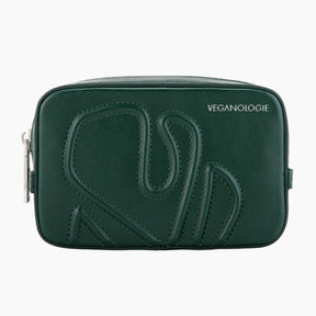 Green vegan leather bag with brand logo on a white background