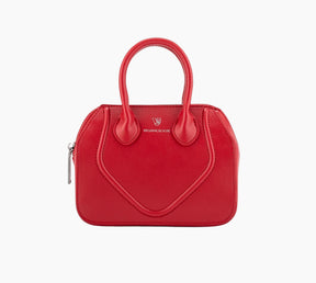 Red handbag with a heart-shaped design on a white background