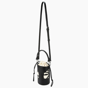 Black bucket bag with floral design on a white background