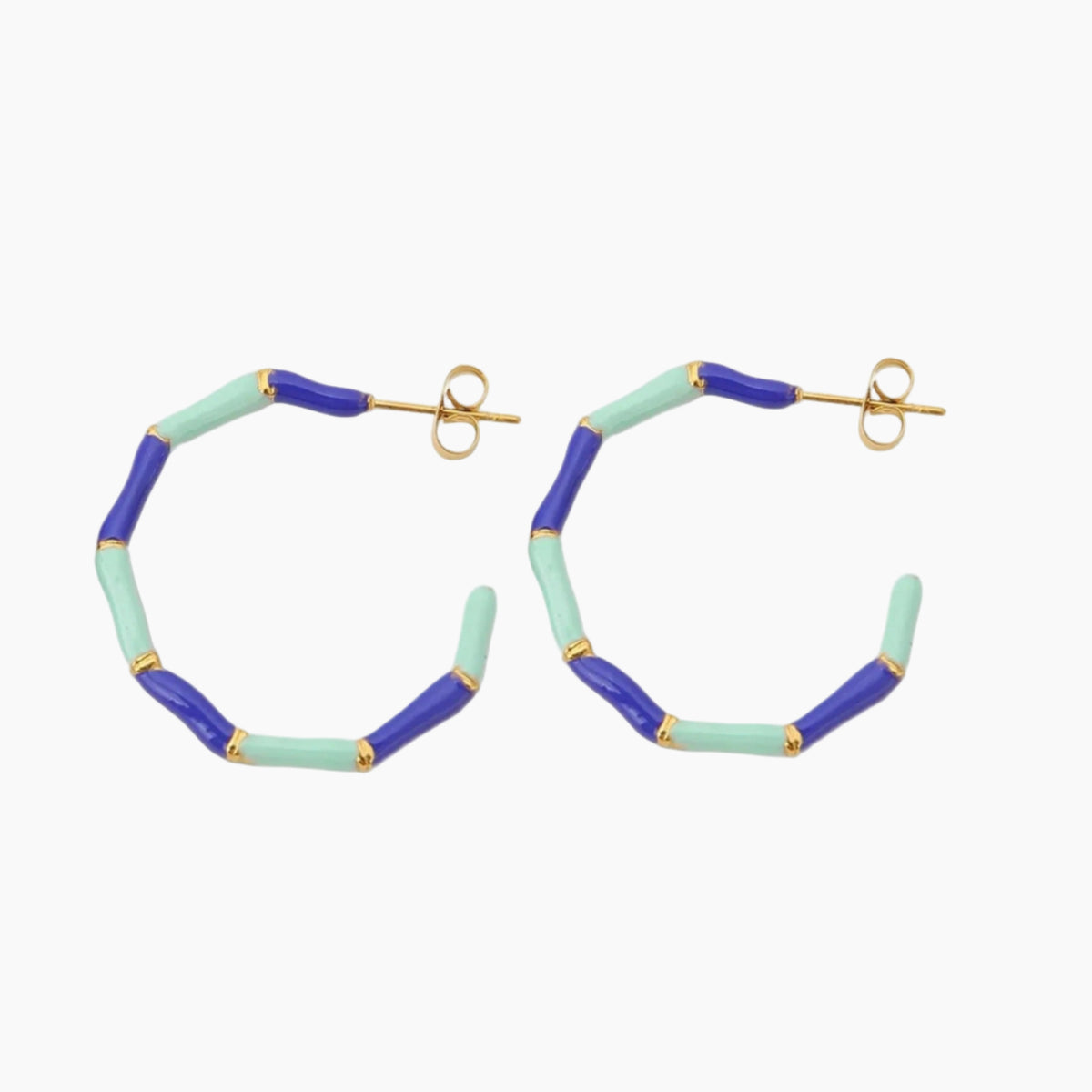 Hoop earrings with blue and green beads on a white background