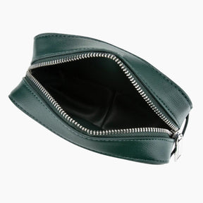 Green leather pouch with a zipper on a white background
