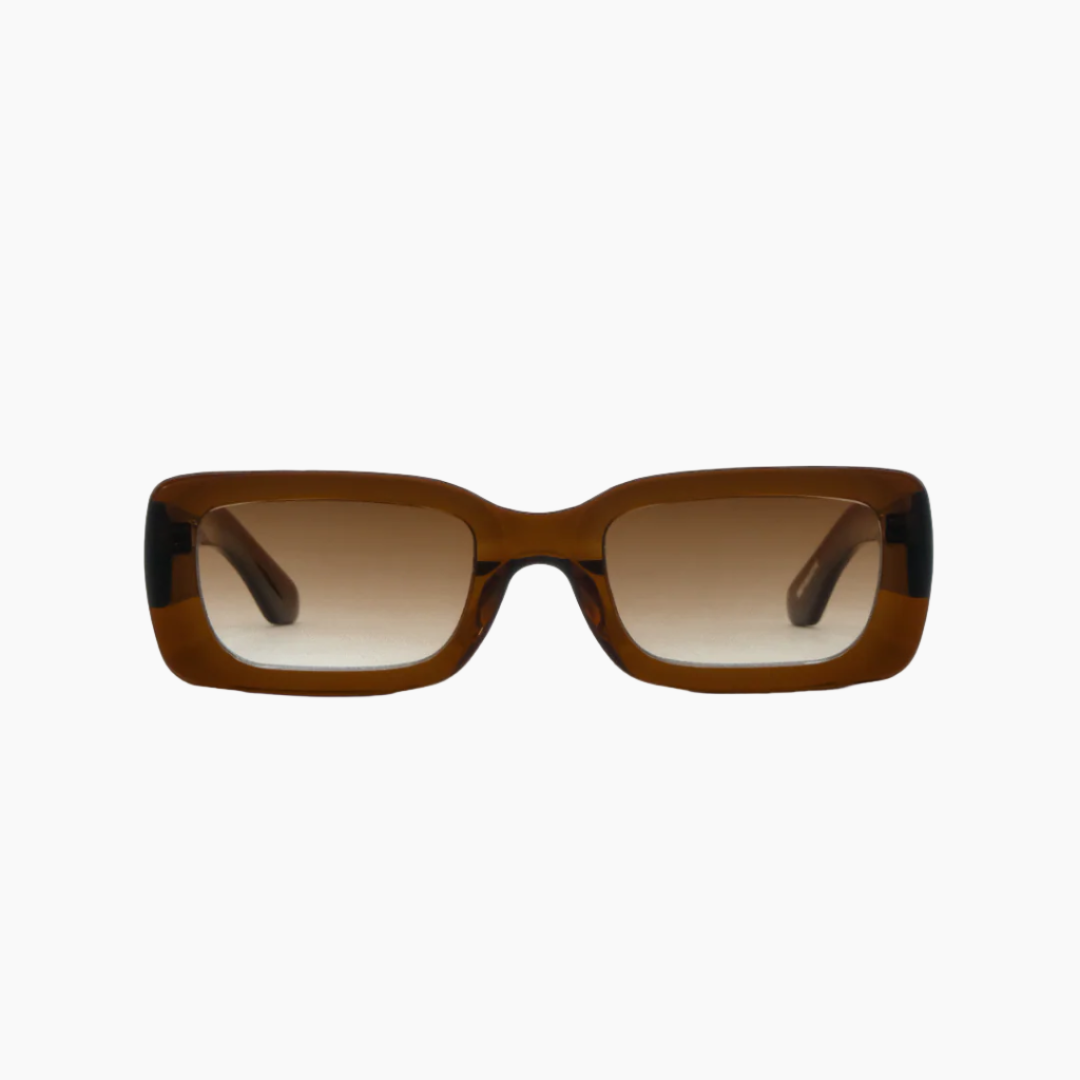 Brown sunglasses with a rectangular frame on a white background