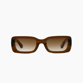 Brown sunglasses with a rectangular frame on a white background