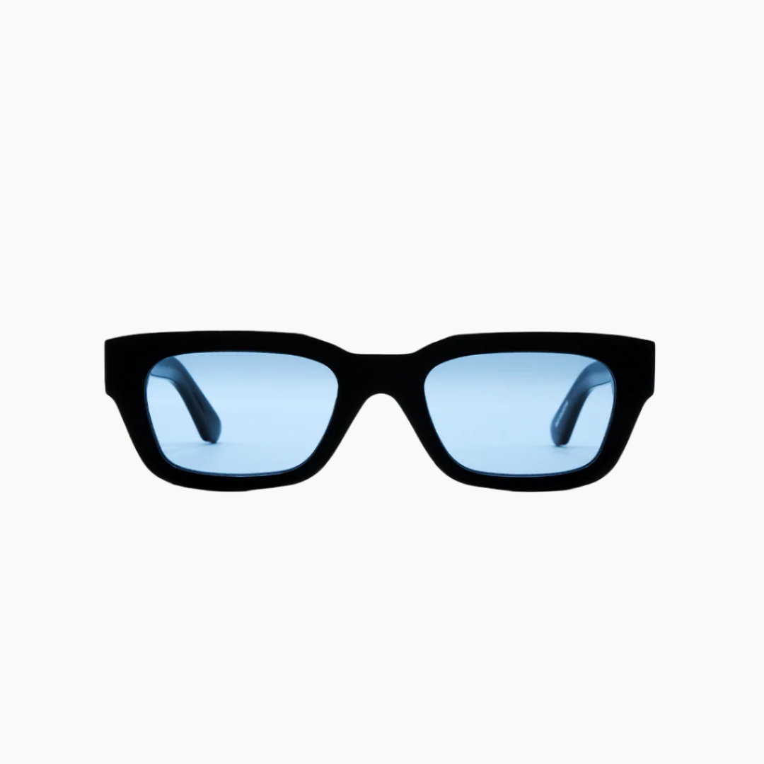 Black sunglasses with blue lenses on a white background