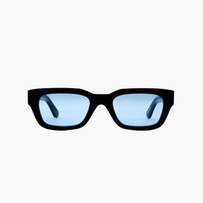 Black sunglasses with blue lenses on a white background