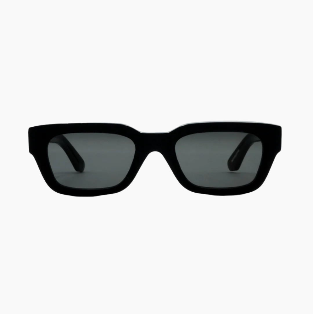Black sunglasses with dark lenses on a white background