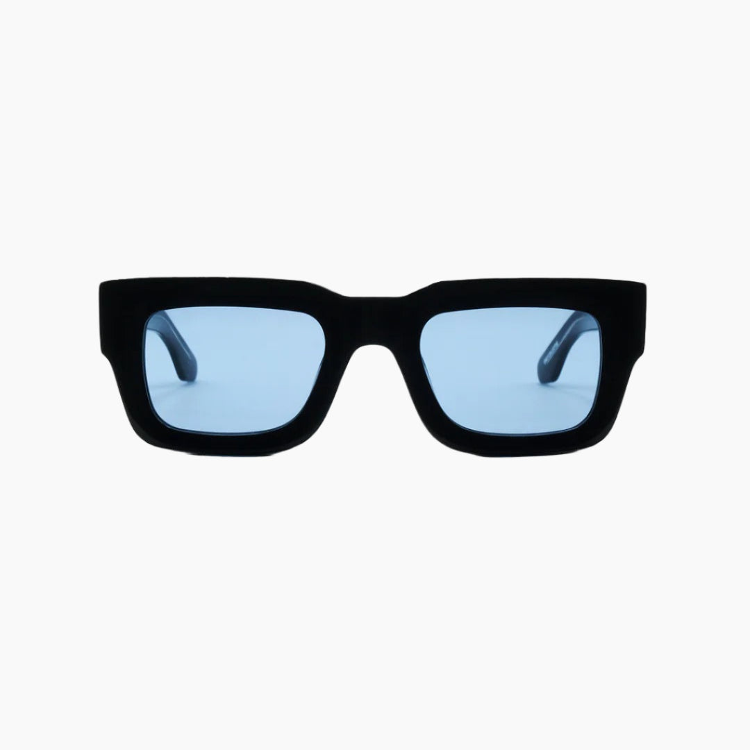 Black sunglasses with blue lenses on a white background