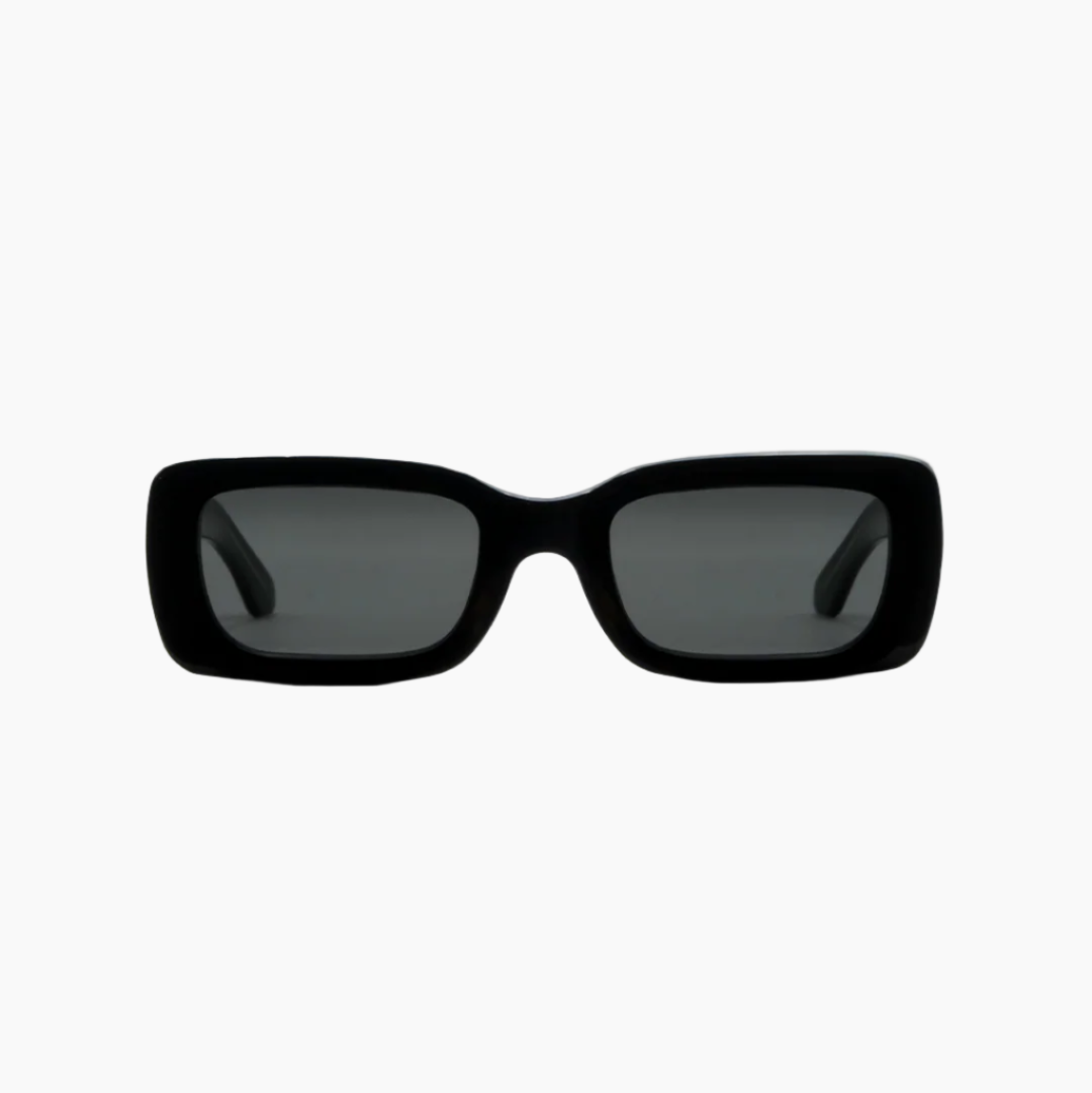 Black sunglasses with dark lenses on a white background