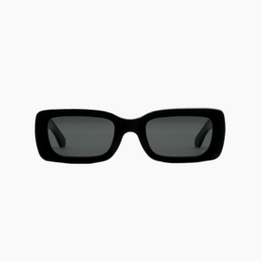 Black sunglasses with dark lenses on a white background