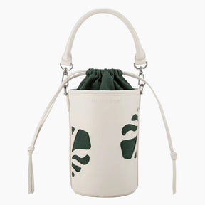 White drawstring bag with green leaf patterns on a white background
