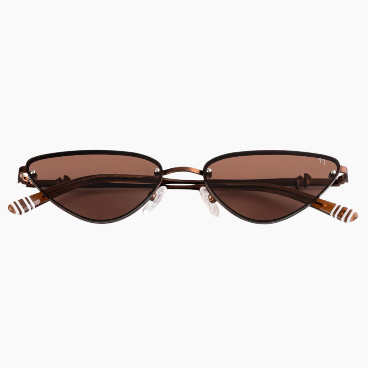 Cat-eye sunglasses with brown lenses on a white background