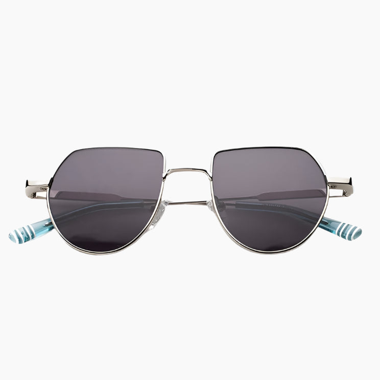 Sunglasses with blue striped arms on 