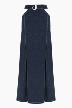  denim maxi skirt, Lycra denim, features cut outs under the belt and a side slit.