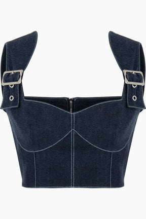 crop top crafted from denim, this top feature chic belt-like straps, elegant bustier neckline and chic corset shape.

