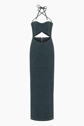  blue denim maxi dress with delicate cross strap neck, metallic zipper closure and slit detail that extends to the back. 