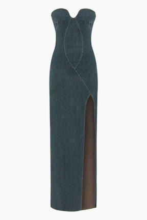 Blue strapless dress with a slit 