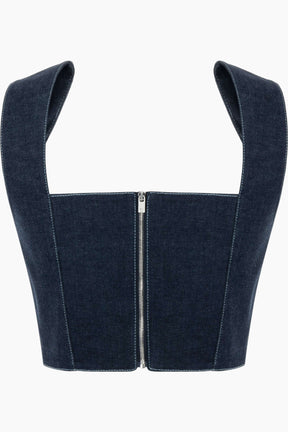 crop top crafted from denim, this top feature chic belt-like straps, elegant bustier neckline and chic corset shape.

