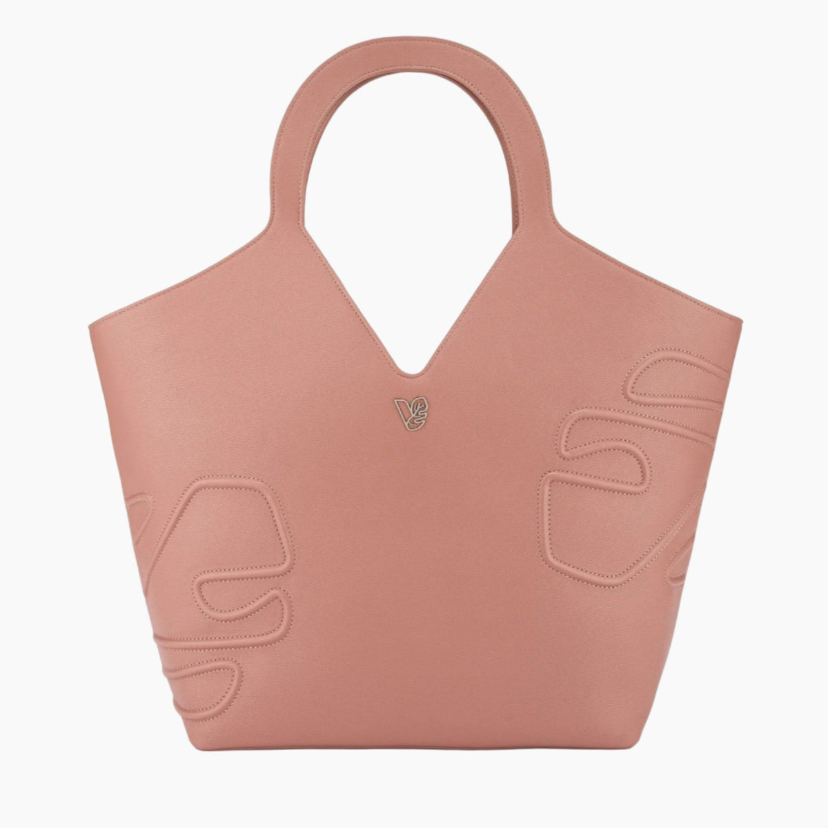 Pink tote bag with brand logo on a white background