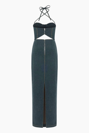 Navy strapless gown with cut-out design and high slit 