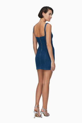 Woman wearing a blue dress 