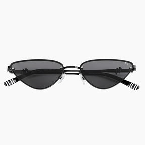Cat-eye sunglasses with black lenses and striped arms on a white background
