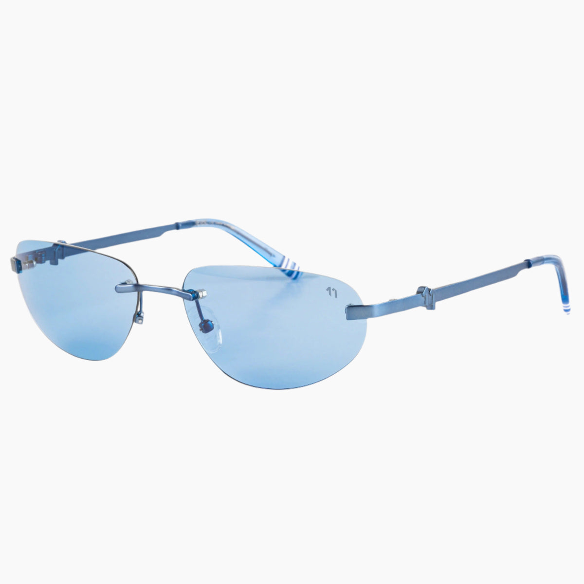 Blue rimless sunglasses with white stripped arms