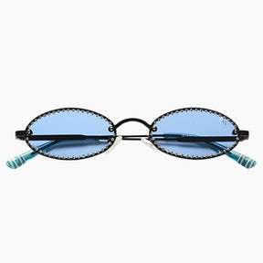 Sunglasses with blue lenses and black frame on a white background