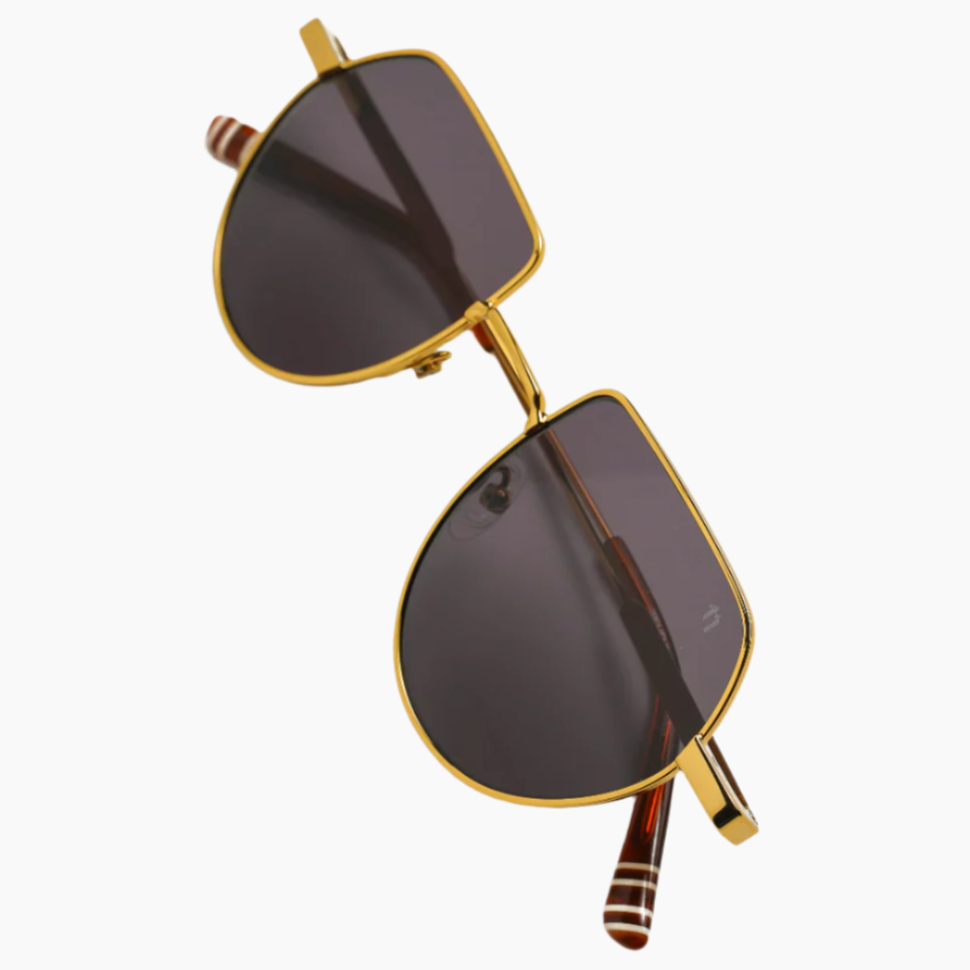 Gold-framed sunglasses with dark lenses 