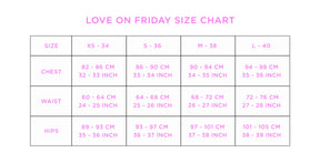 Size chart for clothing with measurements in centimeters and inches, branded 'Love on Friday'.