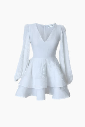 white v-neck dress with long sleeves, soft linen fabric, invisible zipper fastening at the back.