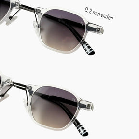 Sunglasses with a close-up detail on the frame width measurement.