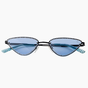 Sunglasses with decorative frame and blue lenses on a white background