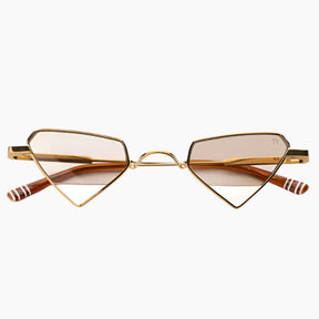 Gold-framed sunglasses with brown lenses on a white background